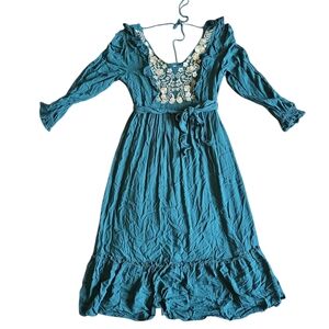 Elegant Teal Midi Dress with Floral Embroidery